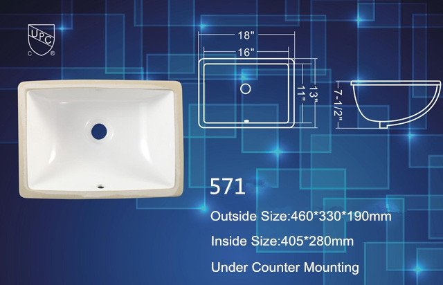 18" rectangular undermount ceramic sink in white with cupc