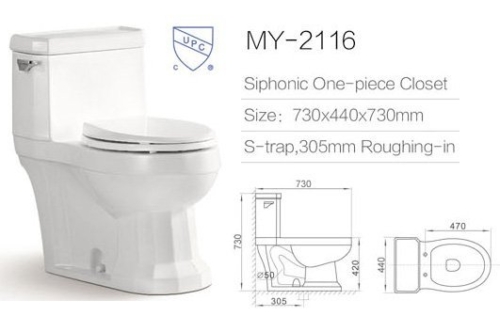 Elongated glossy white one piece siphonic toilet with upc