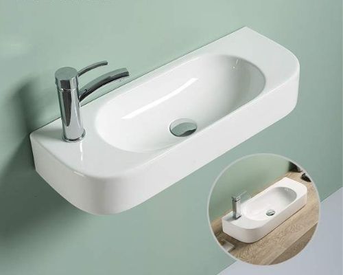 ceramic counter top & wall mounted narrow bathroom sink